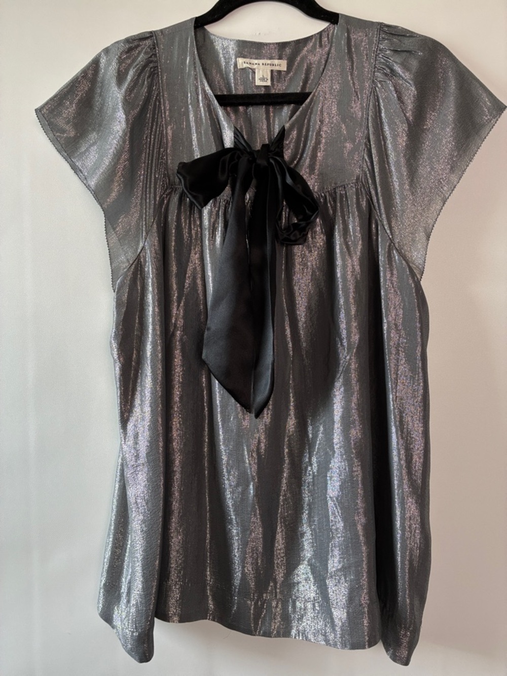 Banana Republic Silver/Gray Shimmery Tie-Neck Blouse with Black Bow